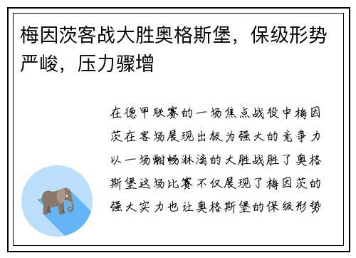 梅因茨客战大胜奥格斯堡，保级形势严峻，压力骤增