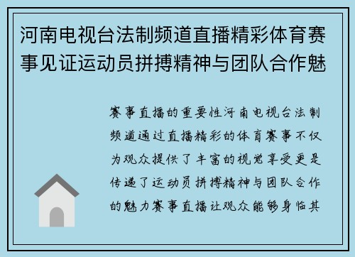 河南电视台法制频道直播精彩体育赛事见证运动员拼搏精神与团队合作魅力